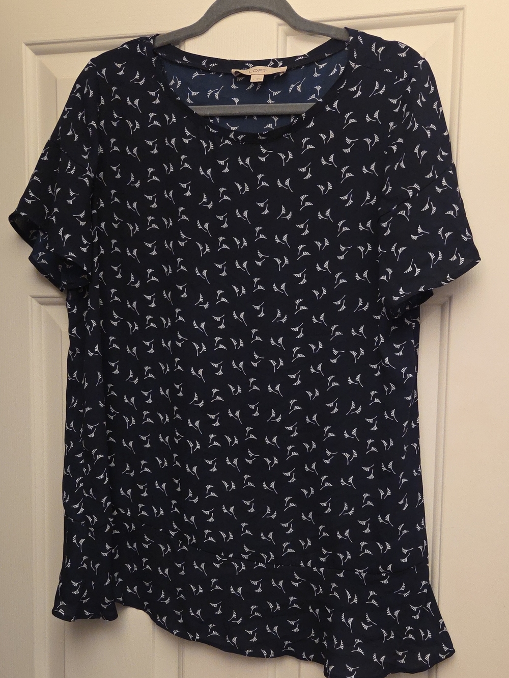 LOFT Navy Blue Short Sleeve Top with White Leaf Print